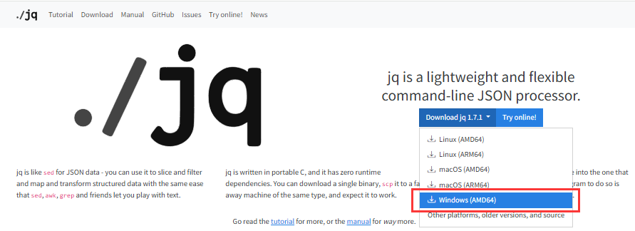 jq.exe 一个轻量级且灵活的命令行JSON处理器 v1.7.1